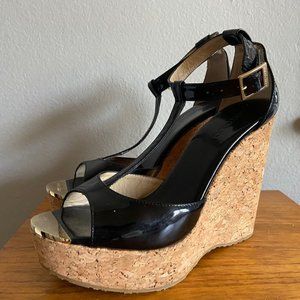 Jimmy Choo Pela Black Patent T-Strap Cork Platform Wedge Sandals Pumps 39 $725